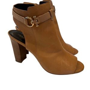 Coach Women’s Lafayette Peep Toe Bootie / Sandals Tan Leather Stack Heel Sz 11